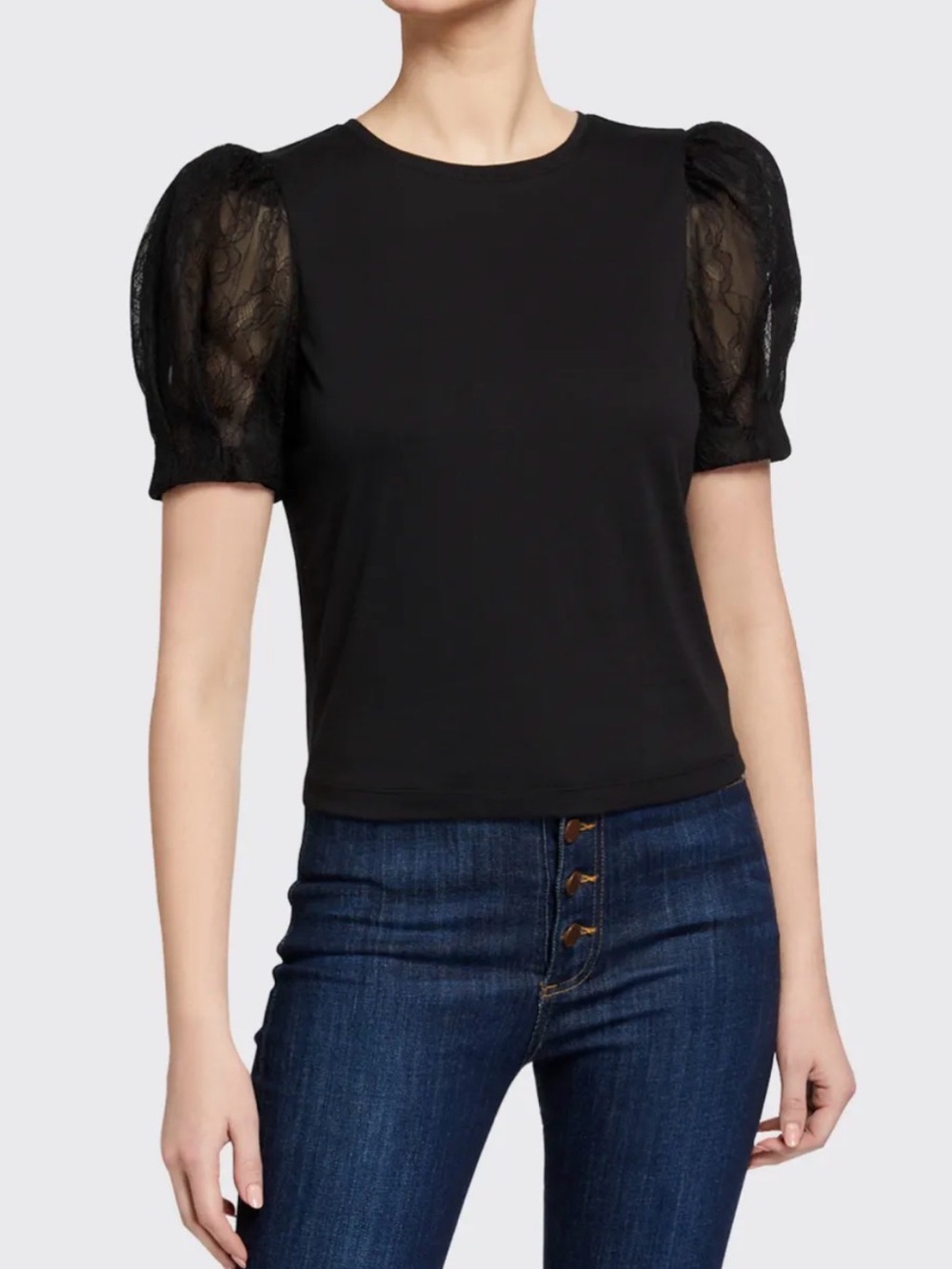 Alice + Olivia Black Puff Sleeve Lace Tee